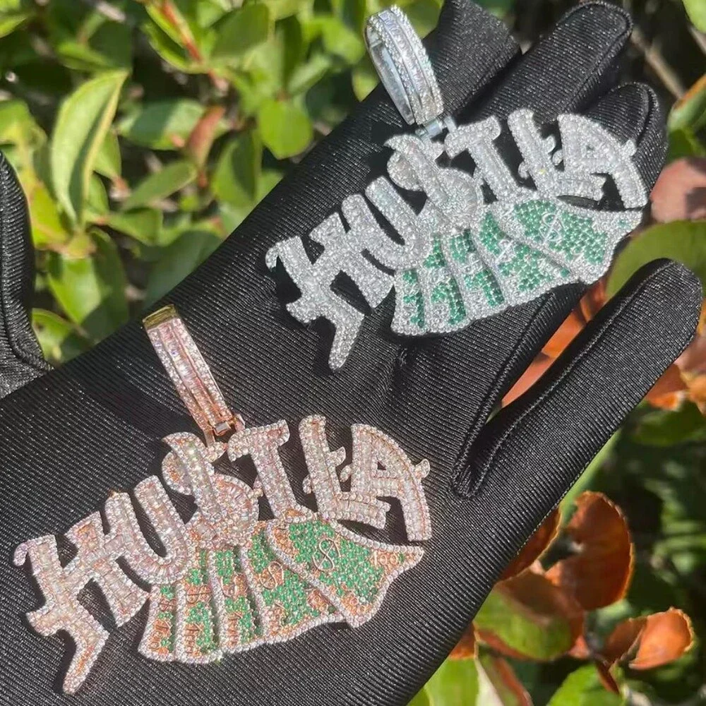 Iced Out Hustla Money Bag Pendant with 20 Inch Tennis Chain